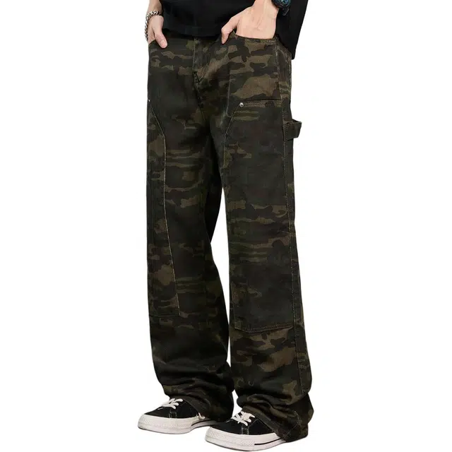 童先森 迷彩工装美式复古直筒阔腿潮牌宽松裤子牛仔裤 男款