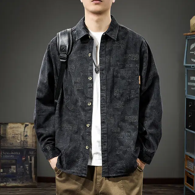 前进牛 美式休闲复古潮牌轻奢设计感印花长袖极简水洗宽松休闲外套衬衫 男女同款