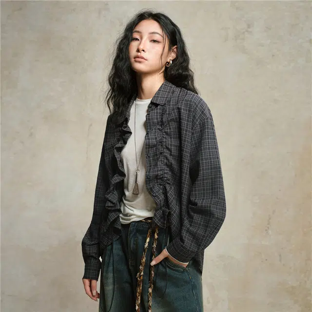 佐丹奴 宽松可抽褶门筒美式学院风格纹衬衣长袖衬衫 女款