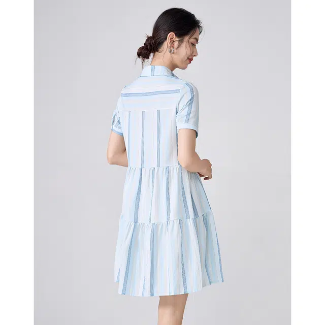 爱依莲 时尚舒适百搭短袖连衣裙 女款 蓝色