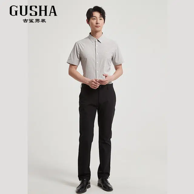 古鲨 格子商务休闲短袖衬衫 男款