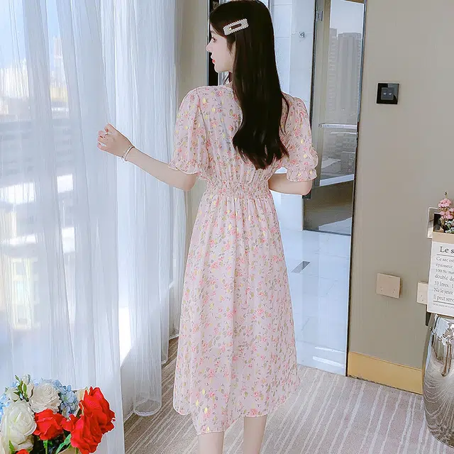 水中花 甜美减龄年轻漂亮高雅法式纯欲风碎花收腰遮肚短袖连衣裙 女款