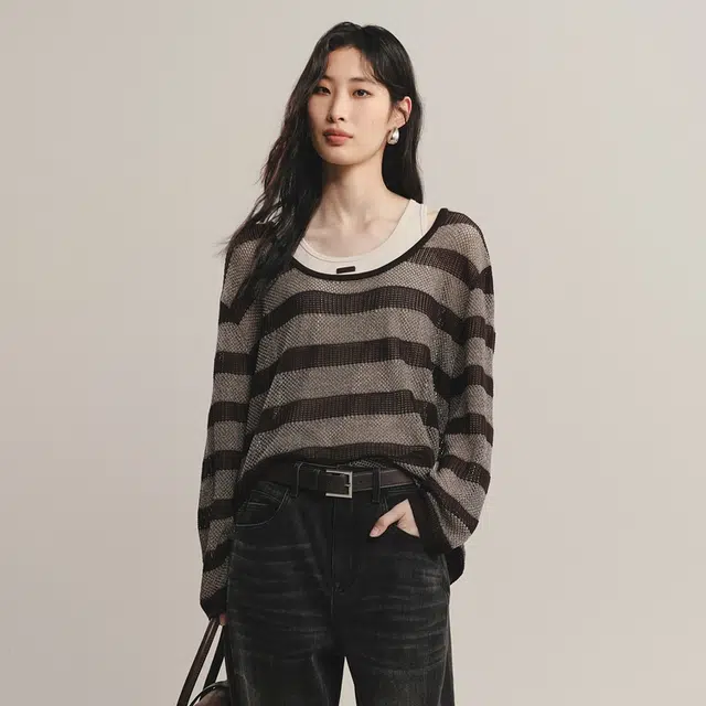 太平鸟 宽松慵懒莱赛尔条纹真两件背心套衫时尚百搭透气针织衫 女款