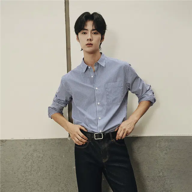 佐丹奴 韩国款纯棉府绸单口袋梭织休闲长袖衬衫 男款