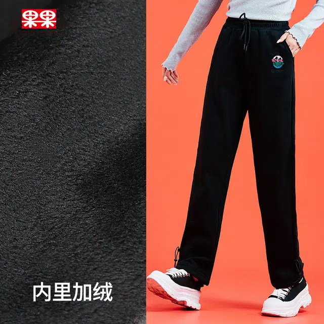 木果果木 抽绳高腰加绒时尚直筒休闲裤 女款 黑色