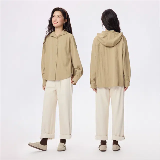 佐丹奴 挺括量感衬衣前短后长宽松连帽长袖衬衫 女款