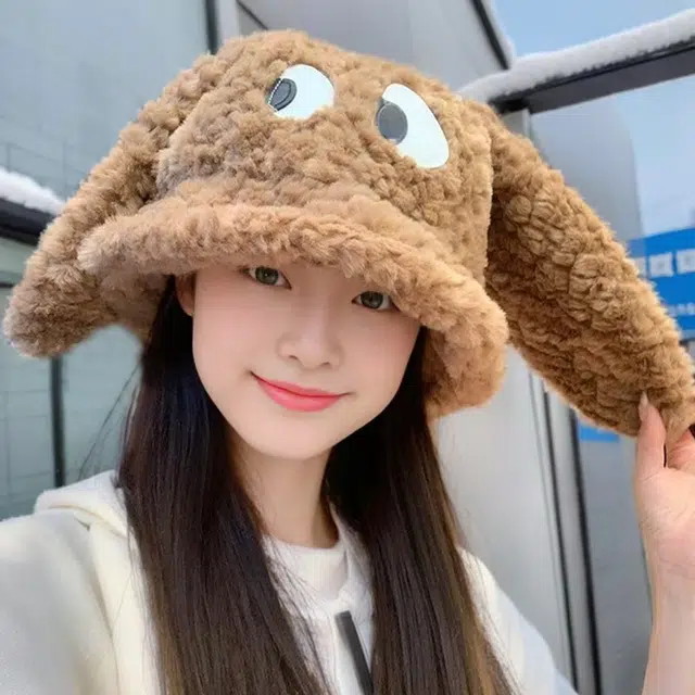 恩僾德 日系可爱搞怪长耳兔大眼睛保暖大头围 聚酯纤维 帽子 男女同款情侣款