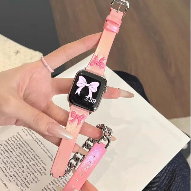 老佳 苹果适用 手表表带 牛皮材质 渐变蝴蝶结双圈牛皮表带男女通用