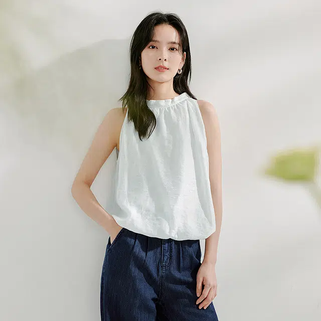 茵曼 纯色圆领挂脖无袖背心衬衫 女款 米白色