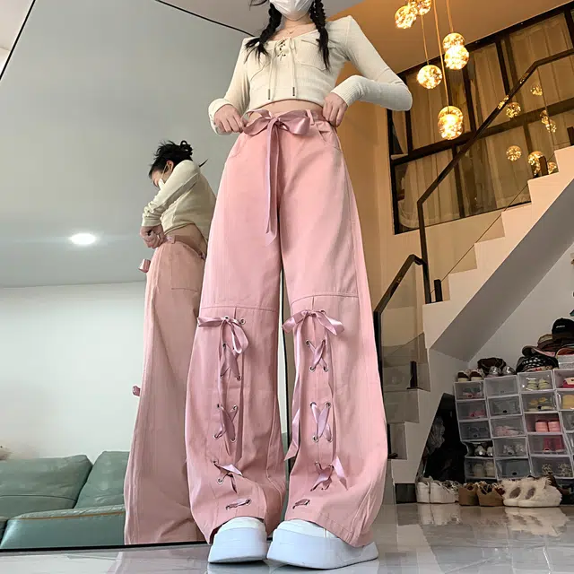 纤丝鸟 多巴胺少女蝴蝶结绑带设计感甜酷高腰垂感直筒工装裤 女款
