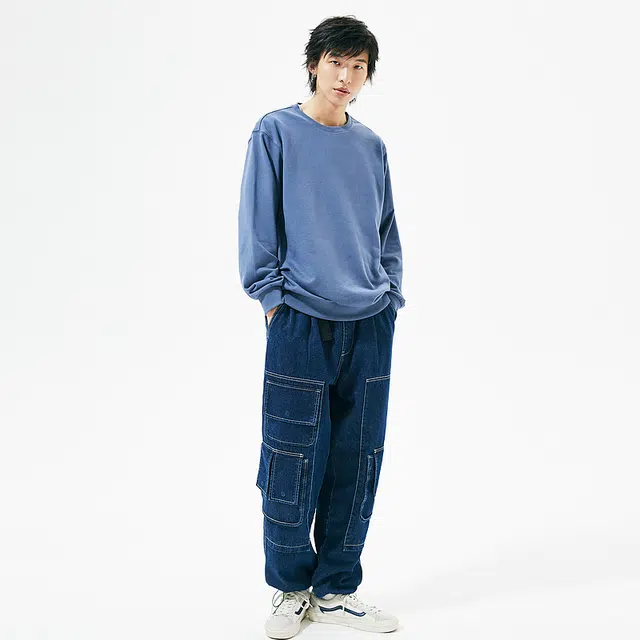美特斯邦威 纯色圆领宽松百搭长袖针织卫衣 男女同款