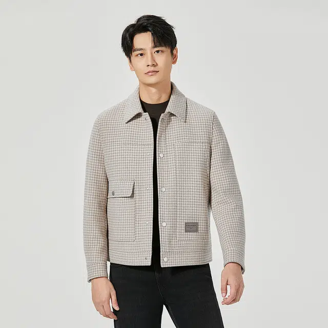 利郎 纯绵羊毛保暖翻领千鸟格质感百搭短款冬季大衣 男款