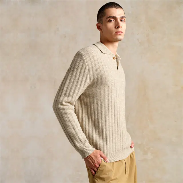 佐丹奴 翻领半开襟坑条混纺毛织针织衫 男款