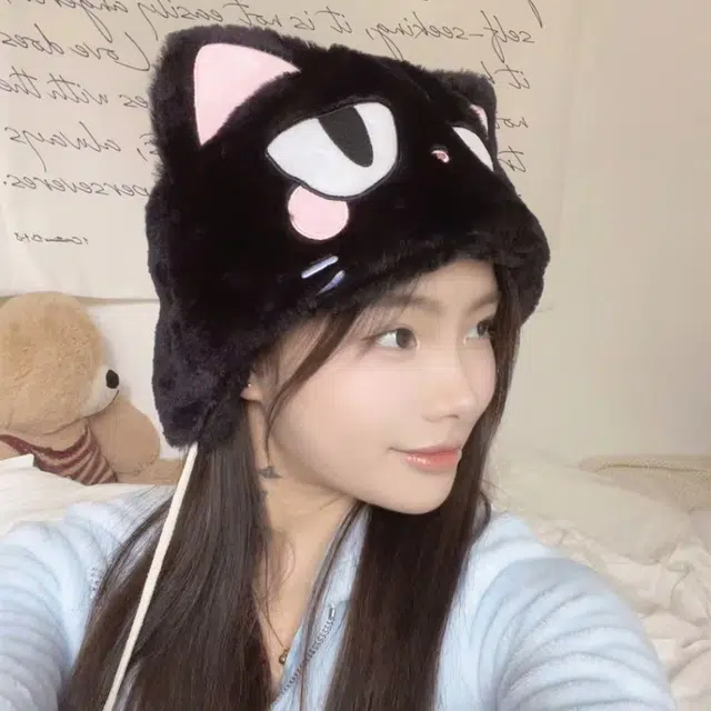 恩僾德 可爱猫耳朵毛绒绒加绒加厚保暖骑车 聚酯纤维 帽子 男女同款情侣款