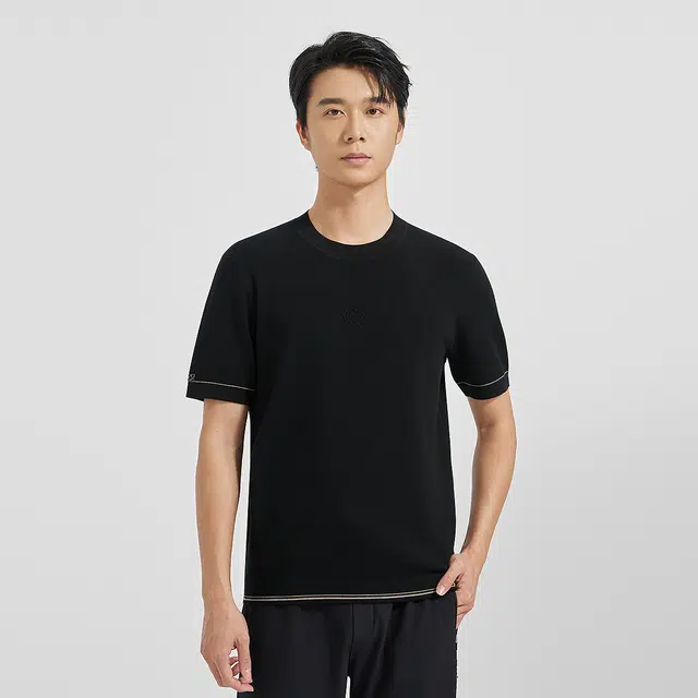 利郎 可机洗羊毛圆领毛衫百搭潮流时尚短袖毛衣 男款 黑色