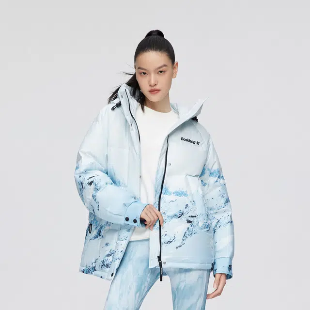 波司登 时尚运动系列 雪山印花短款抽象图案连帽宽松中长款羽绒服 女款