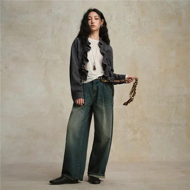 佐丹奴 宽松可抽褶门筒美式学院风格纹衬衣长袖衬衫 女款