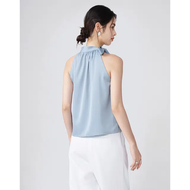 爱依莲 时尚小众蝴蝶结挖肩背心女气质显瘦花衬衣无袖衬衫 修身 女款 冰川蓝
