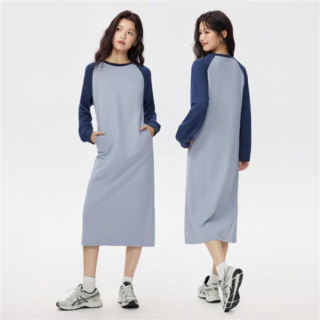 佐丹奴 纯棉撞色圆领插肩袖卫衣长袖连衣裙 女款