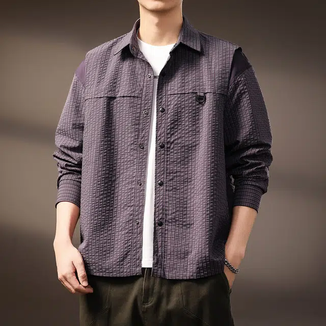 贵色 美式设计感撞色拼接格子长袖衬衫 男女同款