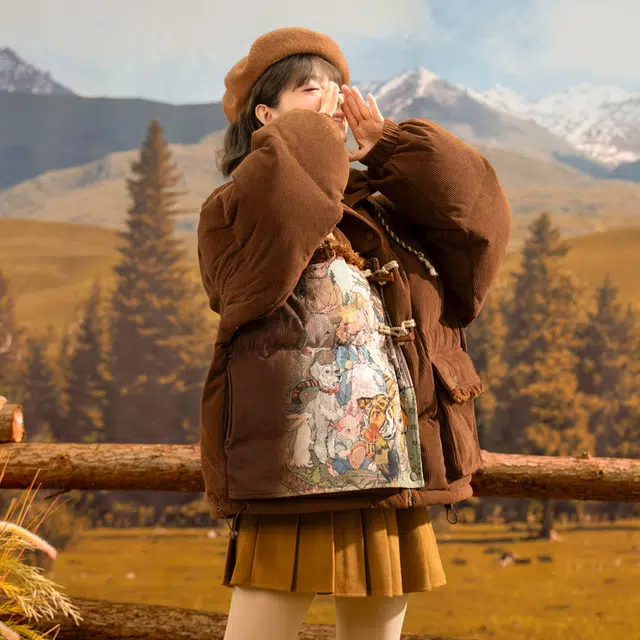 Sen Female Tribe Melard Vintage Oil Painting Series Down Jacket Brown