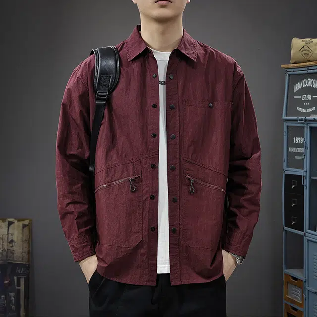 前进牛 早秋轻户外衬衣日系休闲复古潮牌工装痞帅肌理感长袖衬衫男拉链口袋衬衣美式潮牌休闲外套男衬衫 男女同款