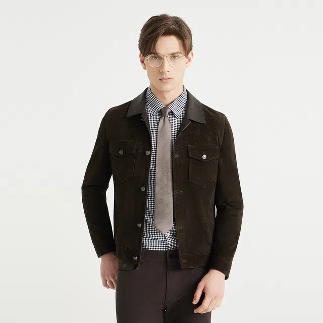 利郎 休闲风潮流羊绒面革翻领时尚真皮秋季皮衣 男款
