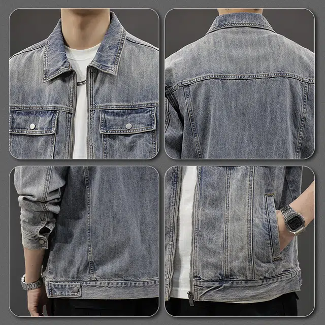 前进牛 美式休闲经典复古潮牌高街现代风翻领重磅竹节潮流高端水洗宽松大码多口袋工装牛仔外套 男款