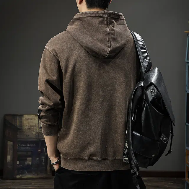 前进牛 美式经典复古潮流痞帅水洗贴布极简风连帽重磅宽松上衣户外休闲潮牌卫衣 男款