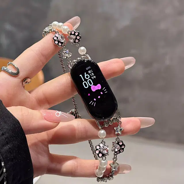 潮米勒 表带 小米红米适用 金属 串珠材质 可爱闪钻猫爪精致简约表链女男通用
