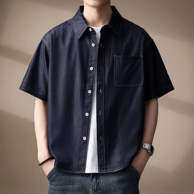 贵色 高端美式复古时尚潮流牛仔纯色简约口袋拼接新中式设计感休闲翻领单排扣短袖衬衫 男女同款