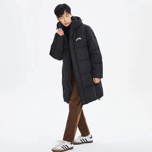 美特斯邦威 字母印花长款连帽保暖羽绒服 男款