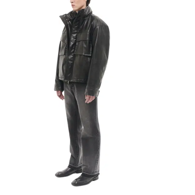 BESLOW BIG POCKET HOODED LEATHER JUMPER