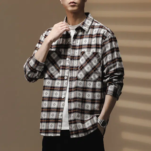 贵色 百搭美式复古格子纯棉长袖衬衫 男女同款