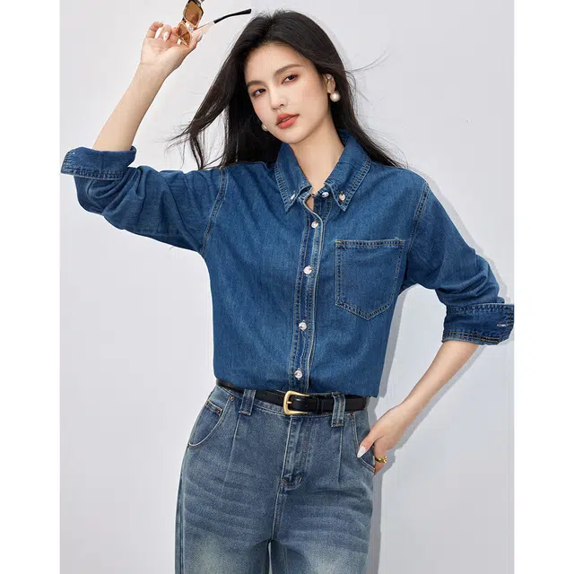 爱依莲 春秋季 时尚百搭高级经典复古长袖衬衫 女款 蓝色