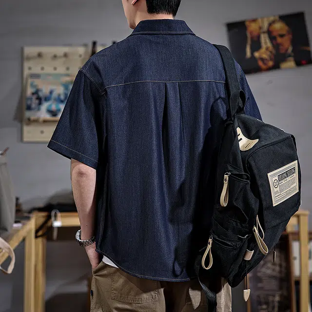 遨宇 夏季 美式休闲复古多口袋缉明线重磅牛仔工装短袖衬男五分袖衬衣休闲外套衬衫 宽松型 男女同款