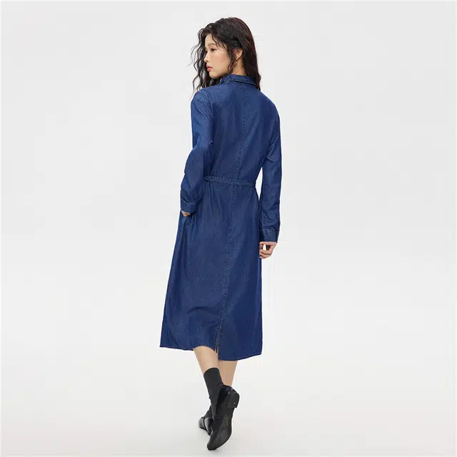 佐丹奴 纯棉薄款口袋绑带翻领牛仔长袖连衣裙 女款