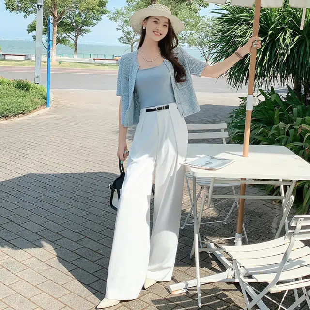美洋 夏日麻结开衫 全棉小香花呢编织肌理短袖针织衫 女款 蓝色