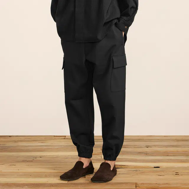 速写 宽松柔软束脚侧口袋纯色休闲裤 男款 本黑