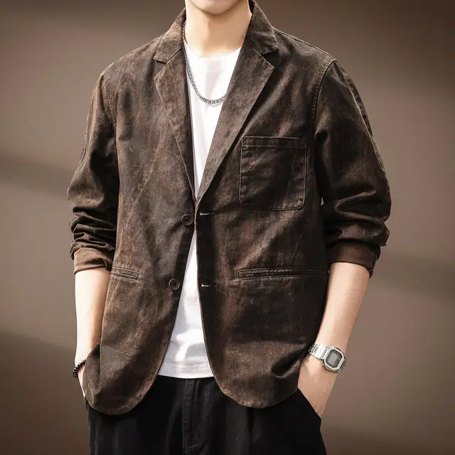 贵色 雅丹风复古水洗平驳领斑驳外套美拉德潮牌重工轧染贴袋西装 男女同款