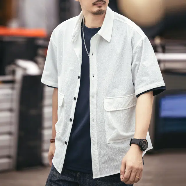 格蓝鹿 潮流痞帅工装宽松衬衣基础简约男开衫外套高级感冰丝透气经典修身短袖衬衫 男女同款