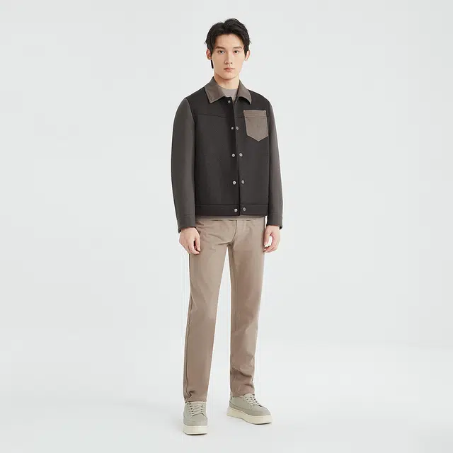 利郎 热燃科技保暖绵羊毛短款撞色翻领冬季大衣 男款