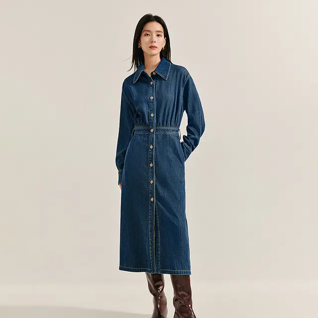 茵曼 翻领落肩纯色舒适简约中长款长袖连衣裙 女款 牛仔蓝