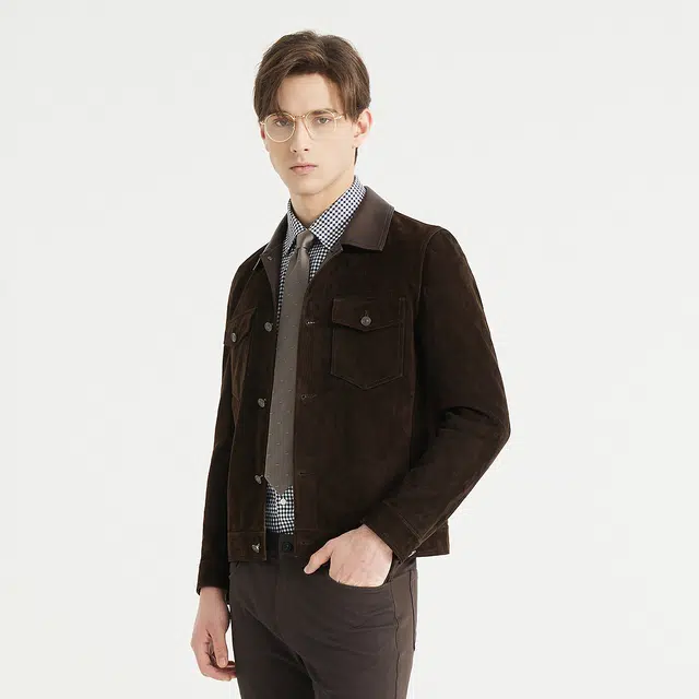 利郎 休闲风潮流羊绒面革翻领时尚真皮秋季皮衣 男款
