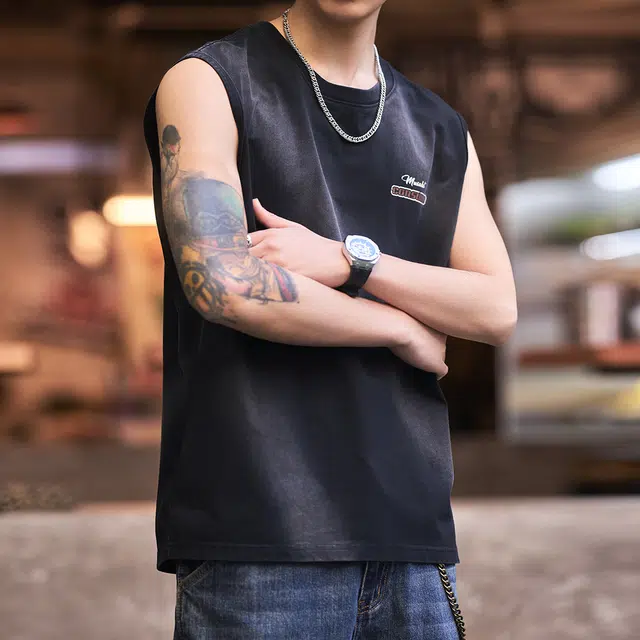 格蓝鹿 高端冰丝速干美式复古印花坎肩宽松大码纯棉跨栏训练汗衫背心 男女同款