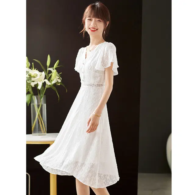 爱依莲 时尚舒适百搭短袖连衣裙 女款 白色