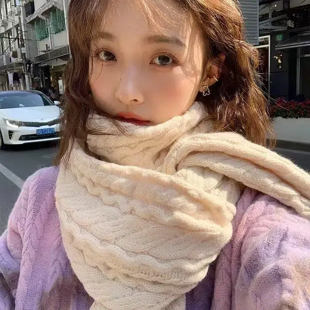 恩僾德 温柔米白色韩系百搭 聚酯纤维 绒线围巾 男女同款情侣款