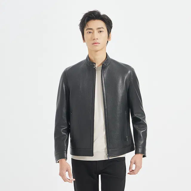 利郎 都市休闲纯色立领质感简约百搭秋季皮衣 男款