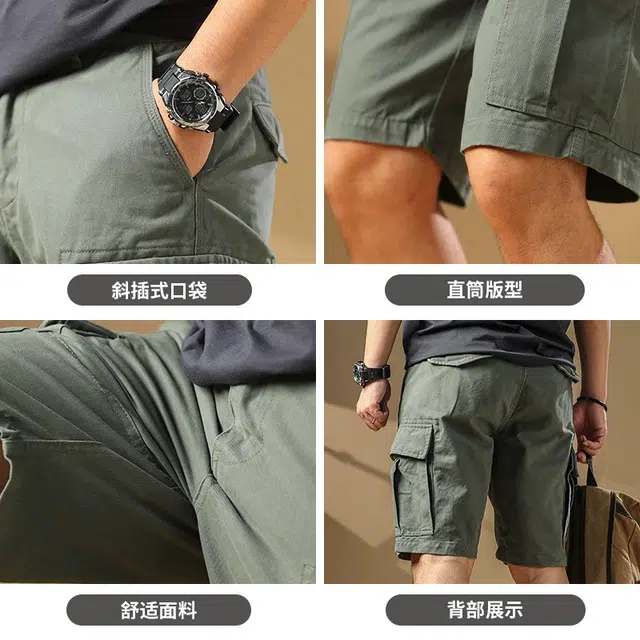 季言 美式复古重磅高级感户外多口袋五分裤百搭直筒中裤工装短裤 男款