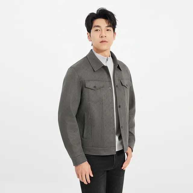 利郎 都市休闲翻领仿麂皮绒短款时尚潮流口袋装饰秋季夹克 男款